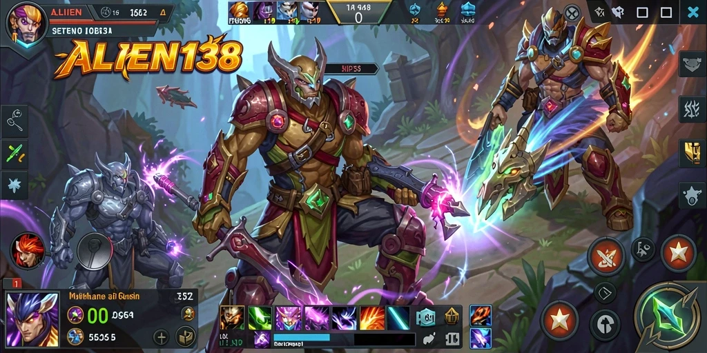 Tampilan seru dari gameplay MOBA ALIEN138 dengan pertarungan tim.