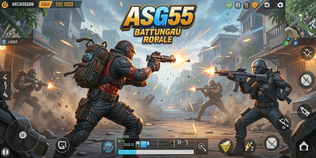 Screenshot utama ASG55 menampilkan gameplay Battle Royale yang seru.