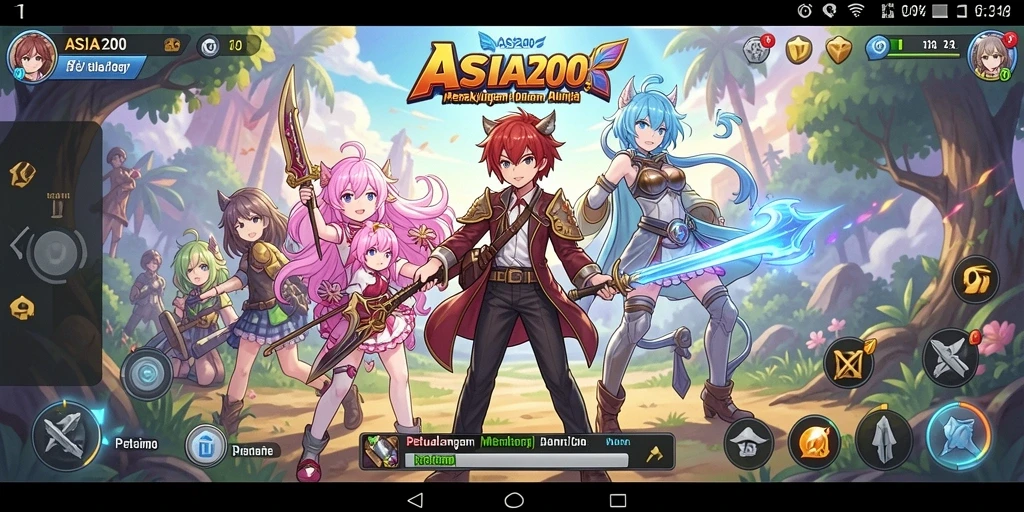 Tangkapan layar gameplay ASIA200 menampilkan karakter anime yang aksi.