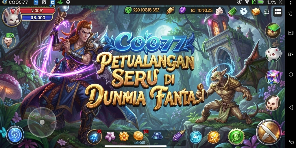 Tangkapan layar gameplay COO77 menampilkan karakter petualangan di lingkungan fantastis.