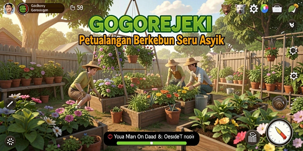 Tangkapan layar GOGOREJEKI menampilkan kebun virtual yang indah dan interaktif.