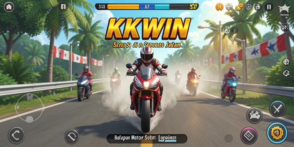 Sebuah screenshot KKWIN menampilkan aksi balapan motor yang mendebarkan.
