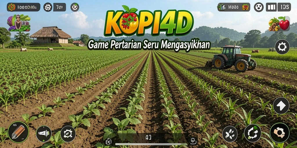 Tampilan gameplay KOPI4D dengan kebun yang subur dan tanaman yang beragam.