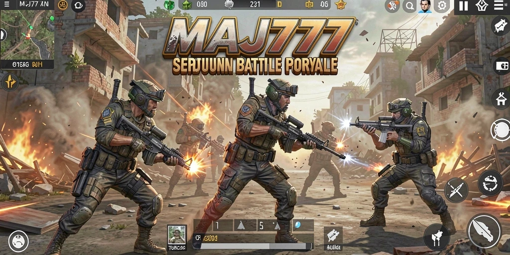 Tangkapan layar utama MAJ777 menunjukkan aksi seru dalam mode Battle Royale.