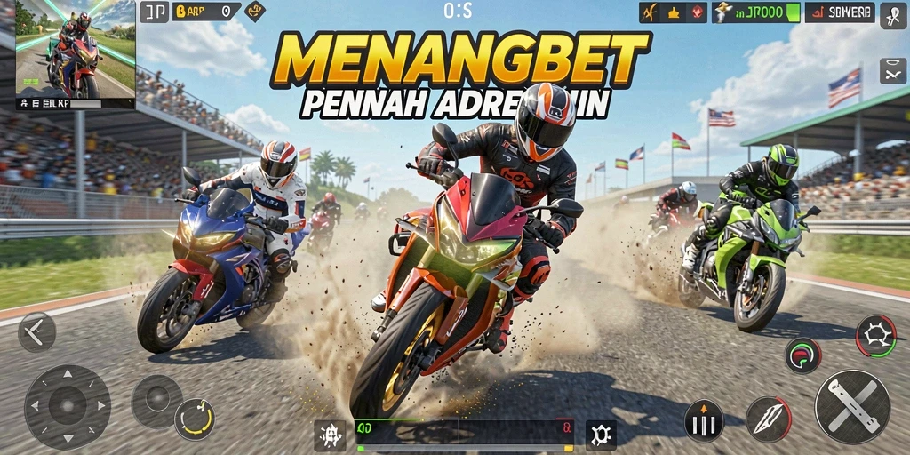 Tangkapan layar dari gameplay MENANGBET memperlihatkan balapan motor yang intens.