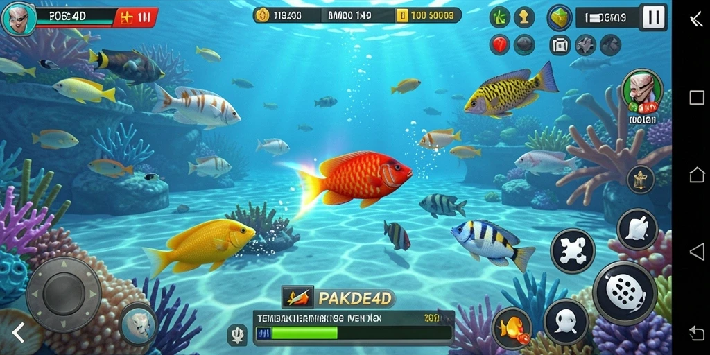 Tampilan screenshot gameplay Tembak Ikan yang menarik dan penuh warna.