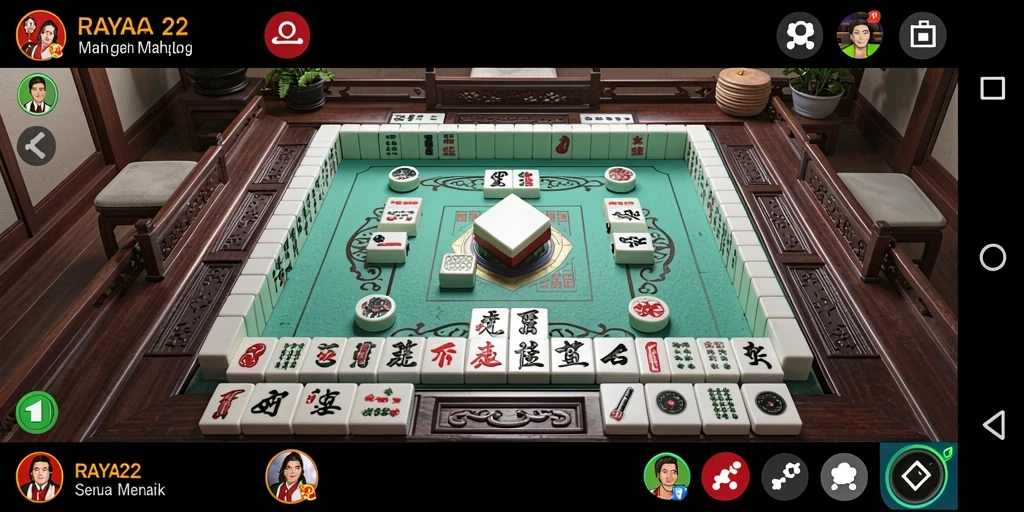 Tampilan gameplay RAYA22 dengan suasana Mahjong yang menegangkan.