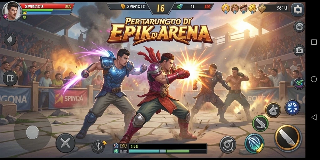 Tampilan gameplay seru di arena pertarungan SPIN101.