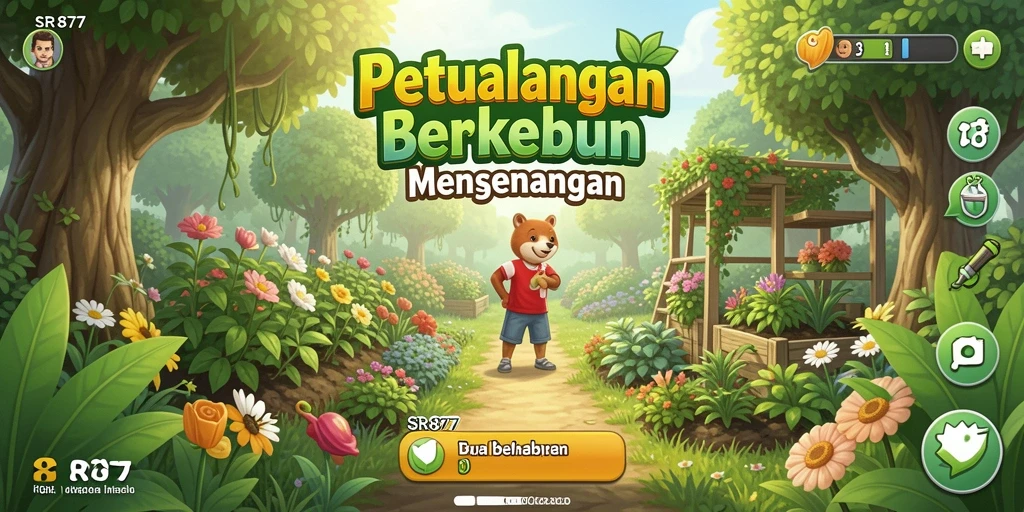 Screenshot SR877 menampilkan kebun yang subur dan karakter berinteraksi.