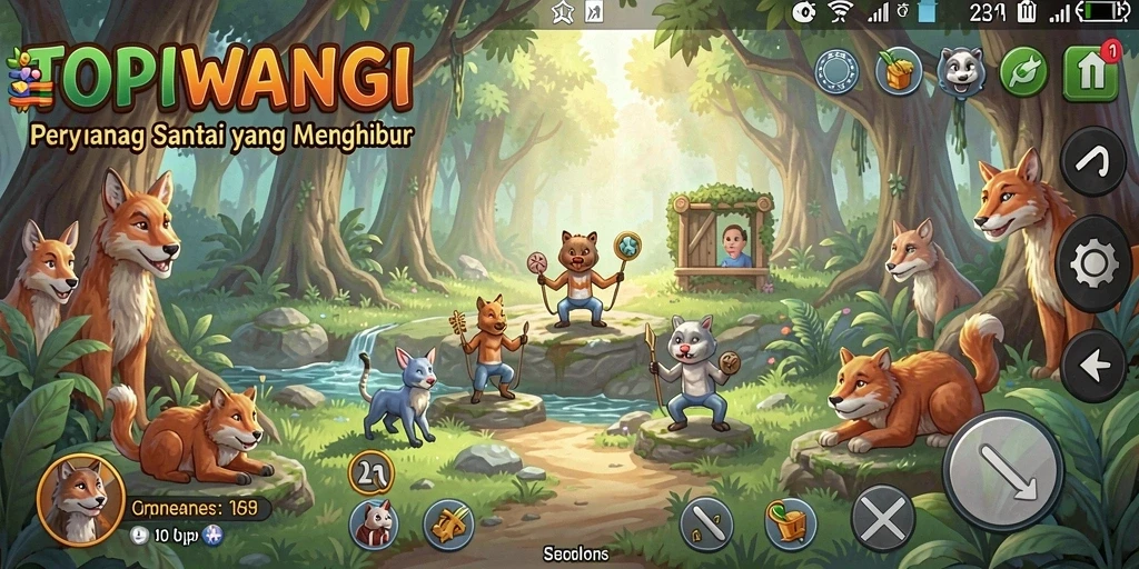 Screenshot gameplay TOPIWANGI dengan tampilan warna-warni dan karakter lucu.