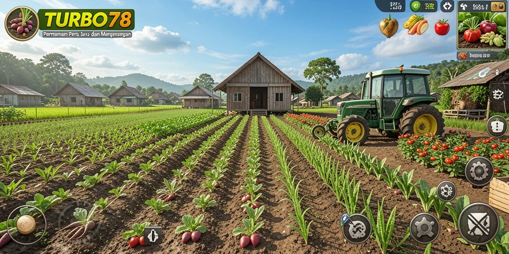 Tampilan gameplay TURBO78 dengan aktivitas bertani yang seru.