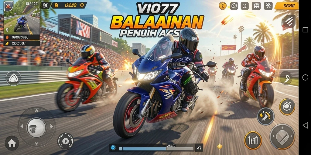 Screenshot gameplay VIO77 menampilkan aksi balapan motor yang mendebarkan.